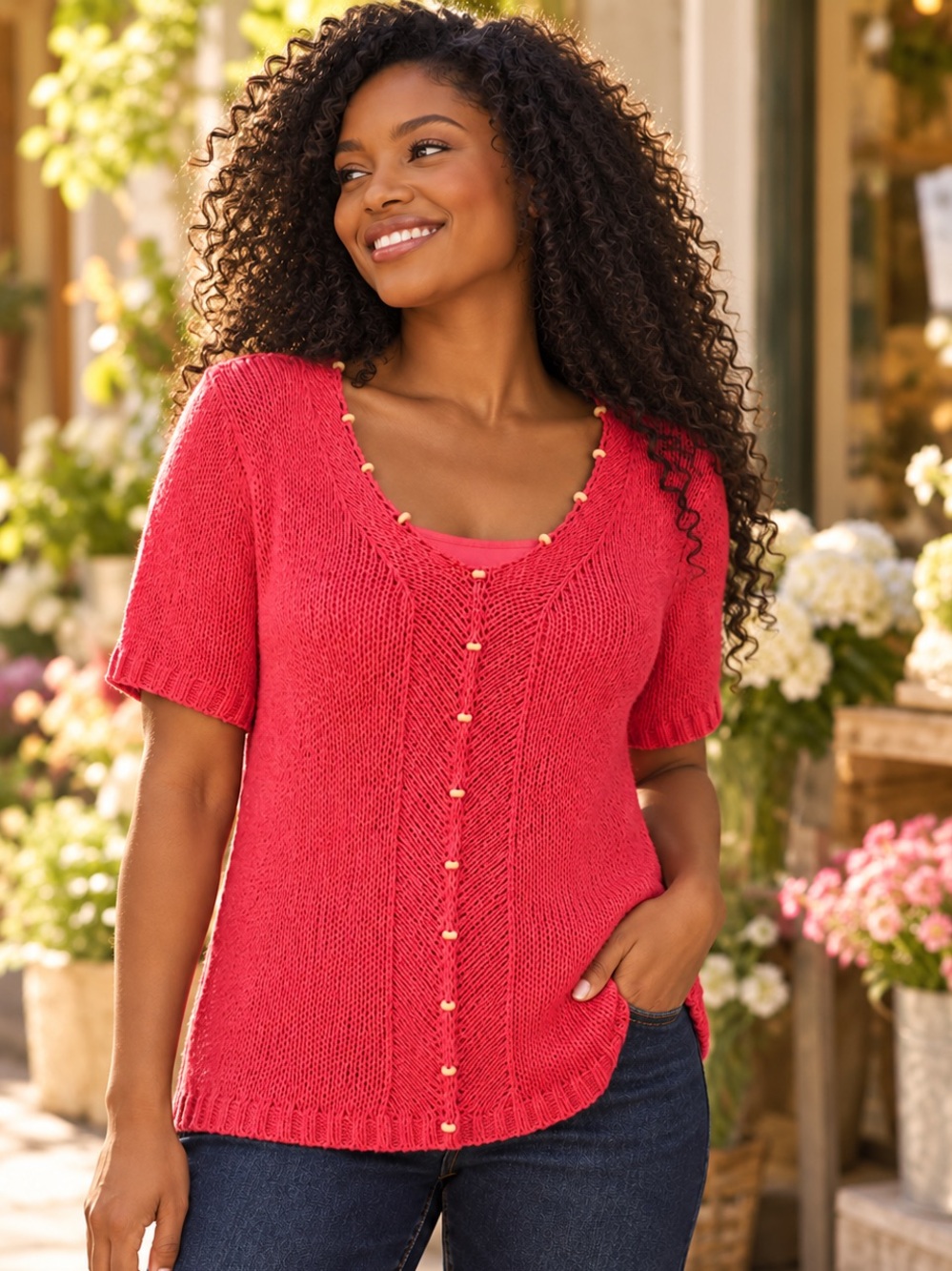 VINTAGE Tanjay Petites Hot Pink Open-Knit Beaded Top